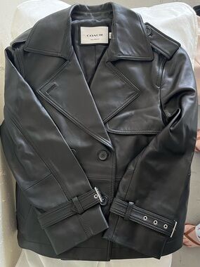 Coach Black Leather Double-Breasted Trench Jacket